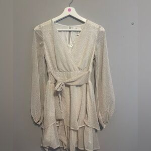 Japna womens‎ dress sheer tan patterned ruffled ties with belt size Small